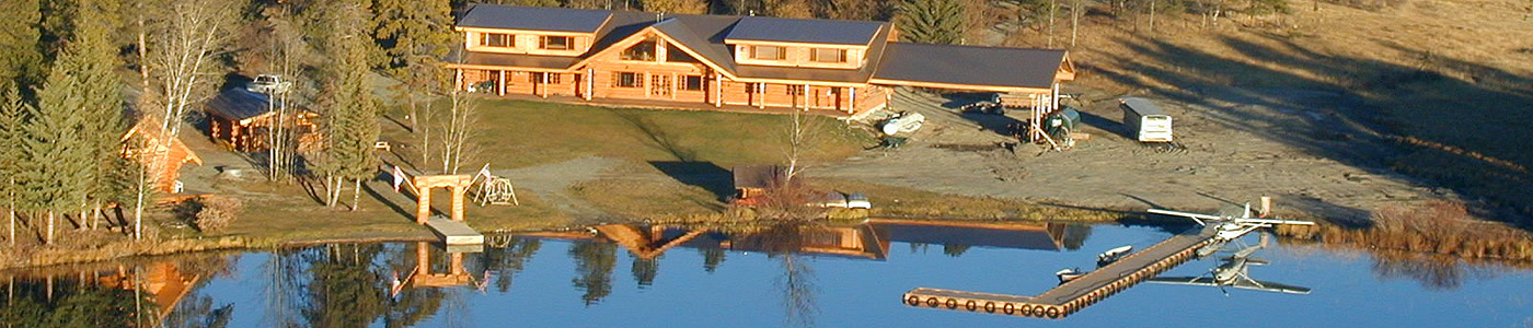 Blue water in the bay of Nimpo Lake and an arial view of the lodge.