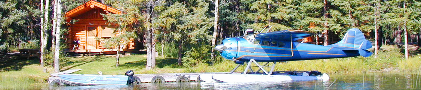 Photo of Kappan cabin with dock and plane in front.
