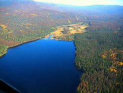 Photo courtesy of Frank Cherne. Dark blue lake among autumn colors and red beetle killed pine.
