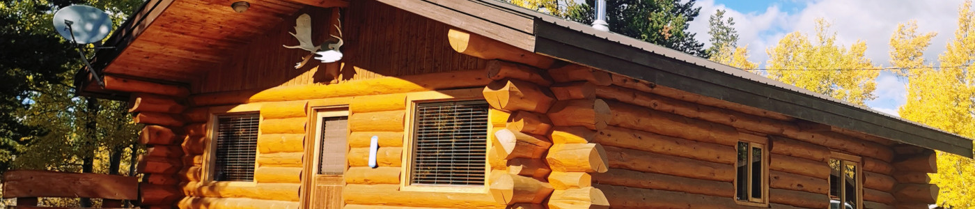 Photo of Kappan cabin with dock and plane in front.