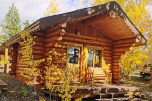 Smaller Pioneer built log cabin with deck. Cozy but airy little cabin with a deck.
