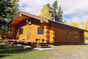 Smaller Pioneer built log cabin with deck. Cozy but airy little cabin with a deck.