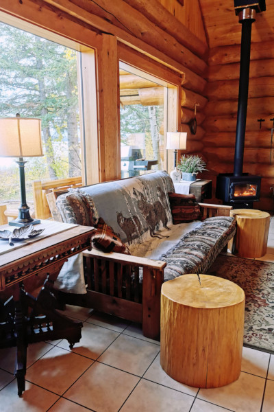 Sofa with wood stove